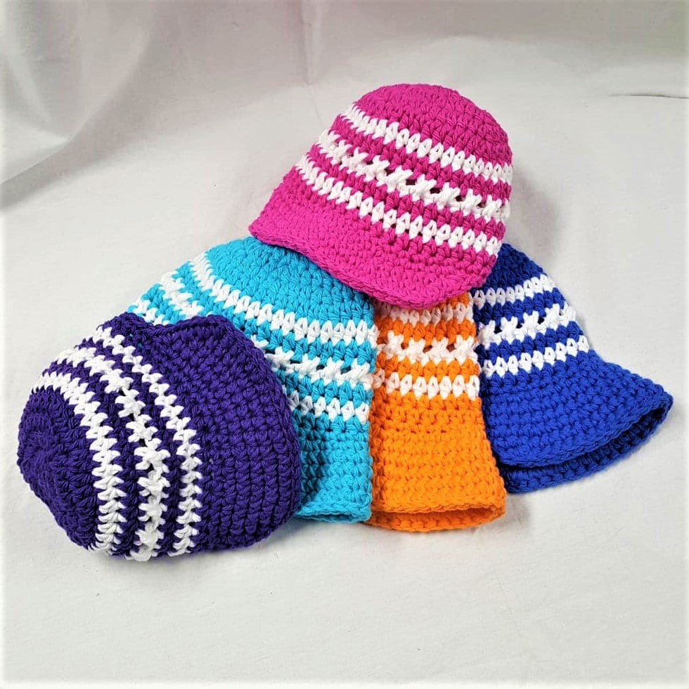 Hand Crocheted Striped Children's Baseball style caps in vibrant colors